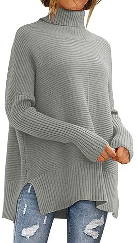 YCBMINGCAN Jersey de algodón para mujer, cuello alto, manga larga, de punto, cómodo, oversize jersey de invierno para mujer, gris, L