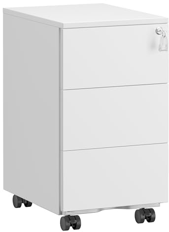 SONGMICS Schubladenschrank, Rollcontainer, mobiler Aktenschrank, Metallschrank, Druckertisch, abschließbar, 3 Schubladen, vormontiert, Büro, Homeoffice, 40 x 30 x 54 cm, mattweiß OFC079W01