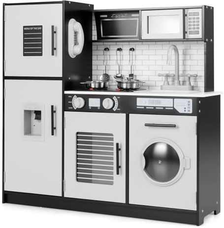COSTWAY Cocina Juguete para Niños, Cocinita de Madera Infantil con Horno, Lavadora, Microondas, Dispensador de Agua, Teléfono, Sonidos y Luces Reales, Cocinita Infantil para Niños de 3+ Años (Negro)