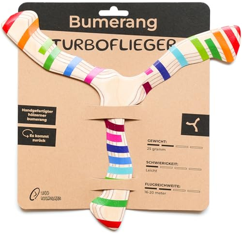 Woo boomerangs Turboflieger – Bumerang aus Holz für Anfänger – kommt zurück – 26 cm, handgefertigt aus Birkenholz – Leichter Einstieg – Outdoor Sport & Geschenk