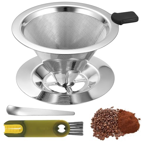 for Pour Over Coffee Dripper, Stainless Steel Paperless Drip Coffee Filters Cups, Portable Reusable Mesh Cone Coffees Dripper for Pour Over Coffee Makers, with Brush and Spoon