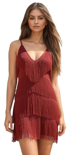 Wildarms Women Fringe Flapper Mini Dress Gatsby Dress Spaghetti Strap Tassel Dresses 1920s Dancing Disco Costume Rojo