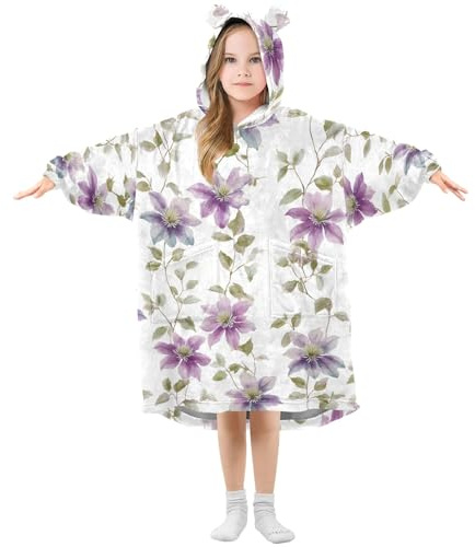 Clematis Lila blommig barn bärbar filt huvtröja mjuk flanell morgonrock med öron och fickor varma nattkläder för småbarn flickor, Klematis lila blommig, M