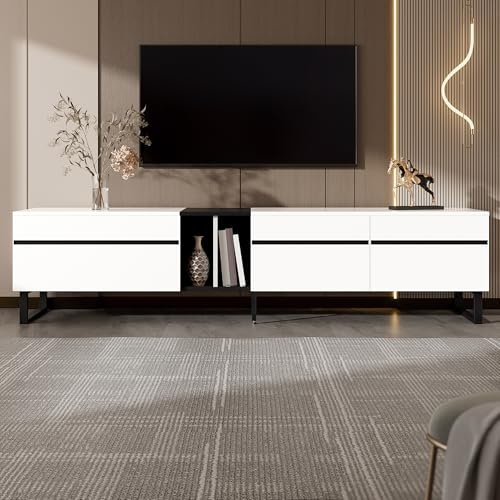 Wiuzo Mobile TV da 180 cm con scomparto pieghevole, scomparti aperti e doppie porte, pensile minimalista come credenza, mobile TV e armadio da soggiorno con molto spazio (bianco)