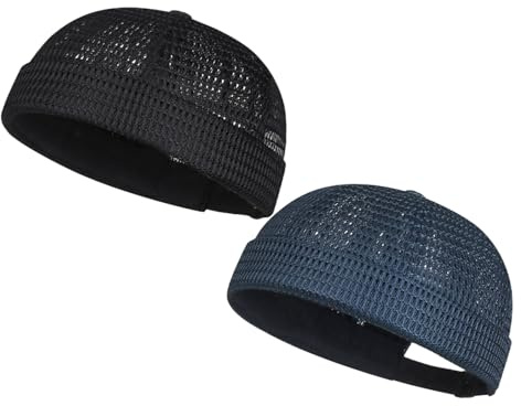 Men's Breathablebrimless Docker Hat, Lightweight, Breathable, Large-Mesh, Brimless Hat for Outdoor Activities Such as Cycling and Walking (Black+Navy Blue)