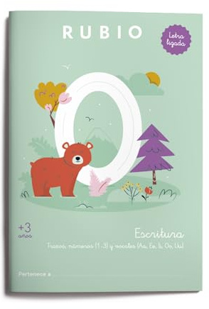 Escritura con letra ligada RUBIO +3 años | Cuaderno de trazos, números (1-3) y vocales (Aa, Ee, Ii, Oo, Uu). Tamaño A4