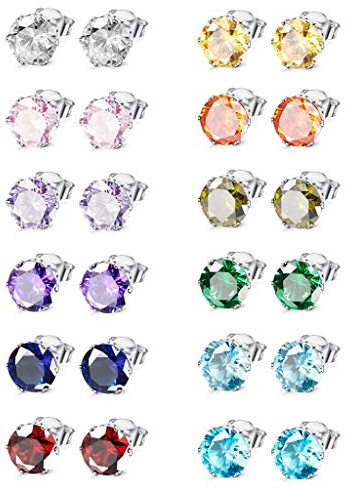 Milacolato Jewelry Stainless Steel Womens Colorful CZ Stud Earings Set Piercing 12 Pairs