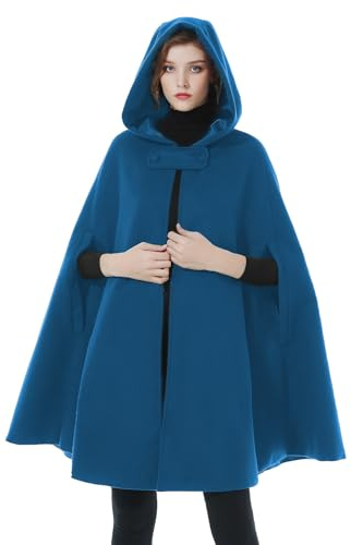BEAUTELICATE Cape à Capuche Longue de Femme Mariage Mariée Manteau Poncho Courte Laine Chaude de Hiver Costume de Noël Halloween Medievale (Taille Unique, Bleu - Genou Longueur 90cm)