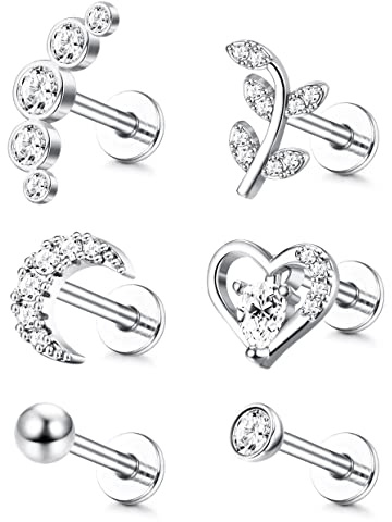 ADRAMATA 6 Pz 16G Cartilagine Trago Orecchini Per Donna Uomo Filettatura Interna CZ Luna Cuore Foglia Elica Conchiglia Labret Monili Penetranti All'orecchio