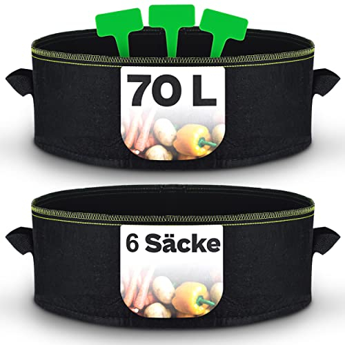 6X Hochbeet Pflanzsack Groß 70L aus Vliesstoff - Mit Pflanzenstecker zum Beschriften - Ø60cm Höhe 25cm - Beet für Balkon Terrasse Gewächshaus & Garten