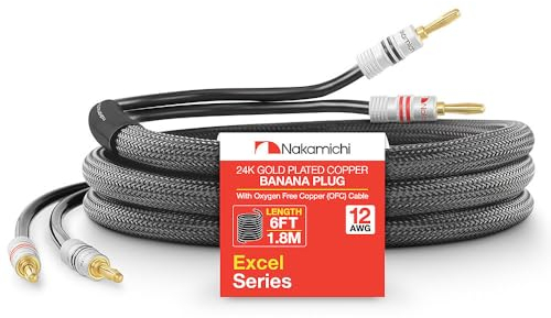 Nakamichi 24K vergoldeter Bananenstecker mit (6 Fuß) Lautsprecherkabel, 99,9% sauerstofffreies Kupfer (OFC), robustes geflochtenes Kabel, Heimkino-Verstärker - Schwarz (12AWG / 6 Fuß / 1,8 Meter)