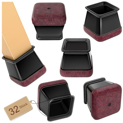 32 Stück Eckig Stuhlbeinkappen, Schwarz Silikon schutzkappen für stuhlbeine mit eingewickeltem Filz, fit 20-26mm, filzgleiter für stühle, Stuhlbeinschoner für Hartholzböden