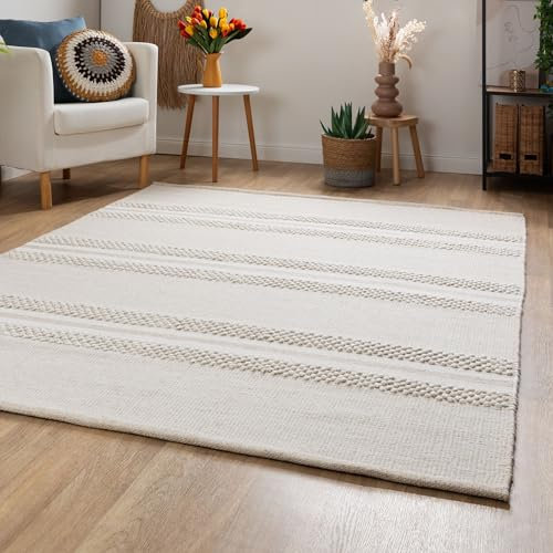 Steffensmeier Handweb Teppich Habo | Wolle (Schurwolle), Beige, handgewebt, Größe: 120x180 cm Wohnzimmer und Schlafzimmer