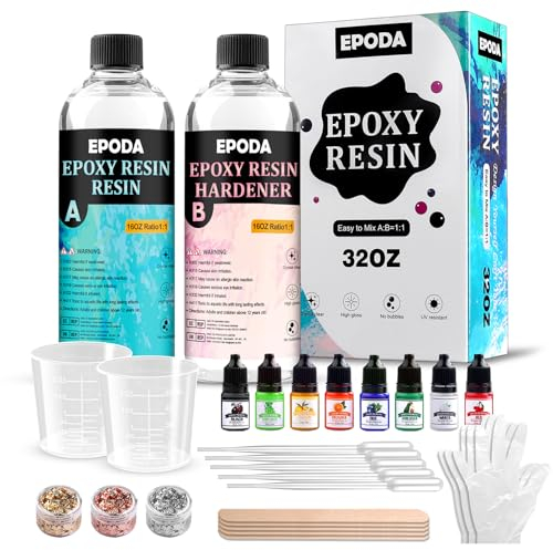 EPODA Epoxidharz 32oz/946ml, Resin GießHarz 1 Zu 1, Epoxidharz Set Anfänger - Bonus Messbecher, HolzstäBchen, Handschuhe, Farbe, Goldfolie und Tropfpipette
