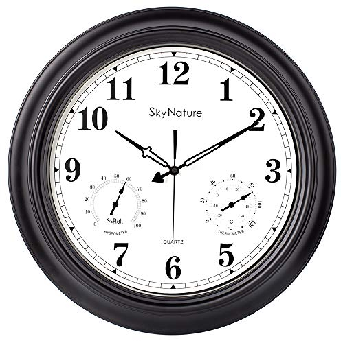 Gartenuhr Wetterfest Outdoor, 45cm Vintage Wasserdicht Uhr mit Thermometer und Hygrometer, Leise Ohne TickgeräUsche Metall Wanduhr, Uhr für Zaun/Terrasse/Badezimmer/Veranda/Pool - Mattschwarz