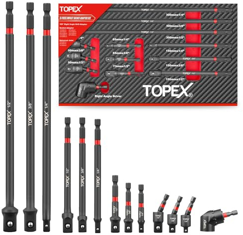 TOPEX 13Pcs Drill Socket Adapter Set, Heavy Duty Impact Grade Socket Extensions, 1/4 Hex Shank Adapter Drill Nut Driver Include 3 Rotatable Impact Socket Adapters & 105° Angle Screwdriver Drill Bit