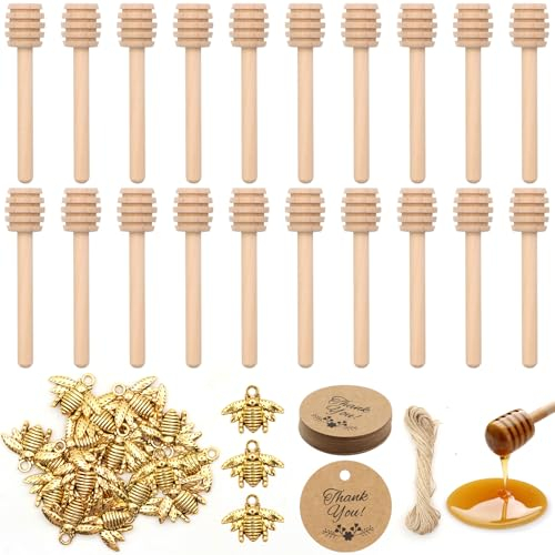ZYKORT 20 Pezzi Set Miele ​Bastoncini in Legno, 8 CM Mini Spargimiele in Legno Piccoli, Cucchiaio Miele Legno con Piccola Ape Ciondolo, Decorazioni Accessori per DIY Vasetti Miele Bomboniere