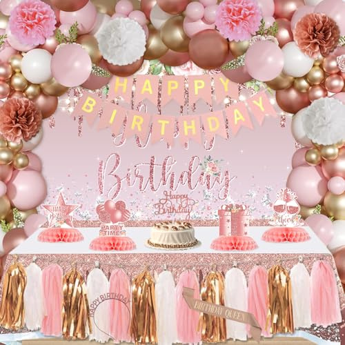 syuebt Rose Gold Birthday Party Decorations for Women Girls , Happy Birthday Pink Rose Gold Party Supplies with Tassel Flower Ball Banner Backdrop Centerpieces Crown Sash Balloons Arch Kit
