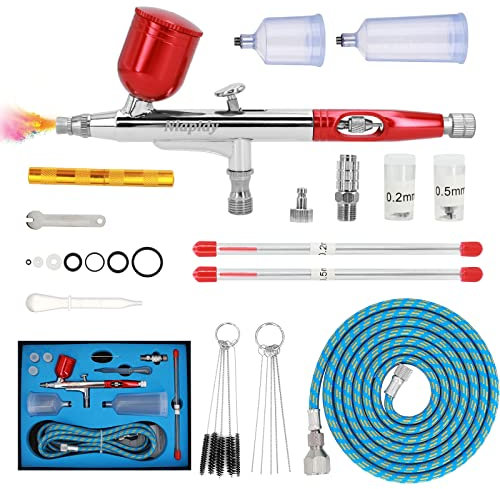 Ykall Airbrush Set, Airbrushpistole Kit mit 3 Präzisionsdüsen (0,2/0,3/0,5 mm), 3 Farbbehältern, Geflochtenem Luftschlauch und Reinigungsset – Perfekt für Modellbau, Nailart, DIY