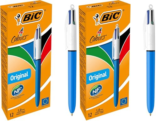Bic 4 Colours Original, Multi Coloured Pens All In One, Retractable Ballpoint Biro, Green, Blue, Red, Black, 12 Per Pack, 2 Pack