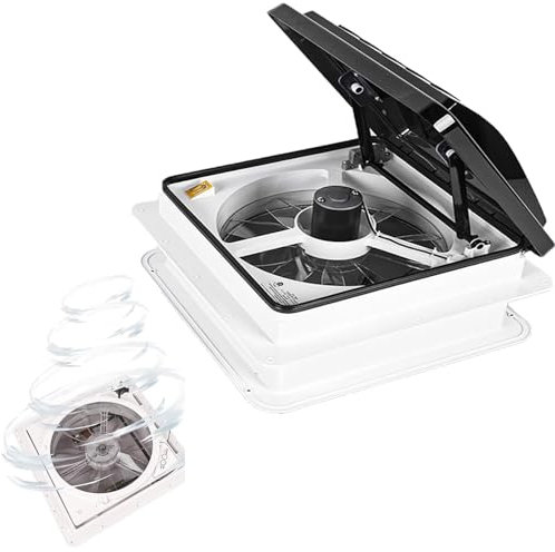Ventilatore da Tetto per Camper da 10 velocità, Termostato 12V, Sensore Pioggia, Sollevamento Automatico, Telecomando e Timer Tramite App, 14 x 14, Reversibile,24v