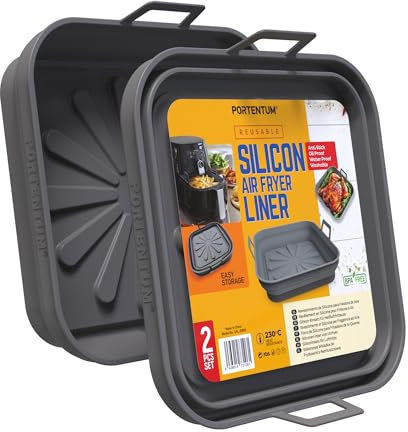 PORTENTUM Teglia per Friggitrice ad Aria 22,5 cm – Compatibile da 4,7 a 8 litri – Set da 2 Contenitori in Silicone Pieghevoli Riutilizzabili – BPA Free – Accessori Friggitrice ad Aria