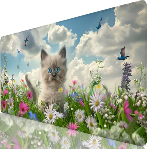 Tapis de Souris Blanc 700x300x3mm sous Main Bureau avec Base Anti-Dérapage, Chat Tapis de Souris Gamer Imperméable, Accessoire Bureau Antidérapant Surface Mouse Pad pour Maison, Ordinateur, PC Y8-121