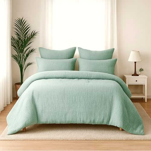 Wolkenfeld Premium Musselin Bettwäsche 155x220 mit Reißverschluss – Aus 100 % Baumwolle – Atmungsaktiv & Weich – Bettwäsche Musselin mit 80x80 Kissenbezug Grün