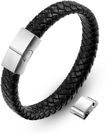 AFSTALR Läderarmband för män svart med skrapkort initial armband graverare bokstäver A-Z flätat läderarmband med magnetisk stängning smycken födelsedag fars dag personlig present till pappa/män