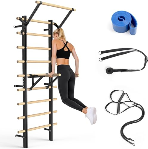 220 cm Wooden Wall Bars – Indoor Climbing Frame for Wall Mounting with Pull-Up Bar & Dip Bars – Climbing Wall for Adults