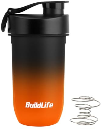 BuildLife Shaker à protéines 600 ml Anti-fuite, sans BPA, facile à nettoyer, Tritan Mélangeur spirale pour shakes crémeux, passe au lave-vaisselle Shaker protéines de qualité supérieure (Noir/Orange)