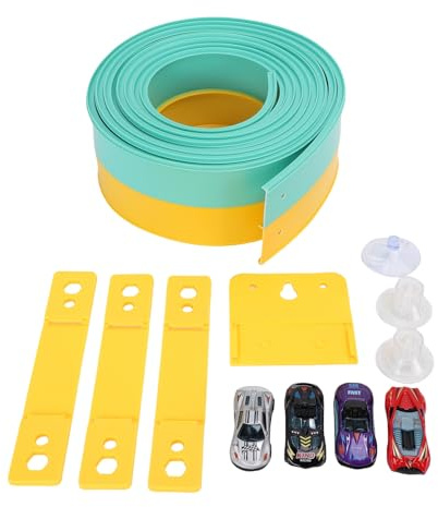 Fockety Pista de Carreras Flexible para Autos, Pista de Carreras Flexible Enrollable de Portátiles Juguete de de Portátil con 4 Autos para Niños (Amarillo Verde)