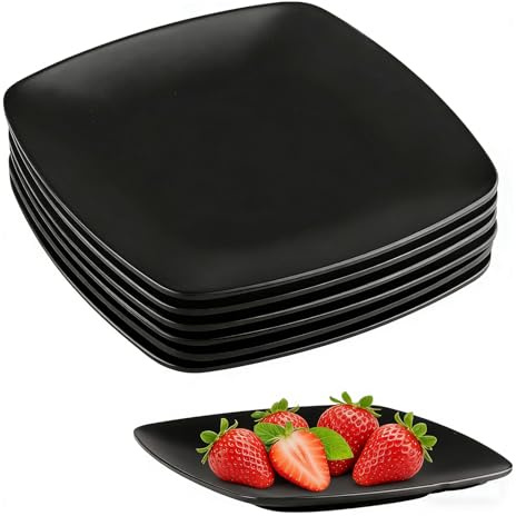 YuLiMirich Set med 6 mattallrikar svart, stor tallrik fyrkantiga desserttallrikar, återanvändbara desserttallrikar camping tallrik picknicktallrikar för kött, sushi, snacks och sallader