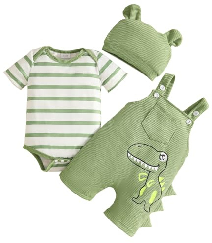 JENJON Vestiti Set per Neonati Maschi Maglietta a Righe a Maniche Corte + Pantaloni con Bretelle di Animale + Cappello 3 Pezzi Estivo Set di Abiti 3Pcs Dinosauro a strisce verdi 3-6 Mesi