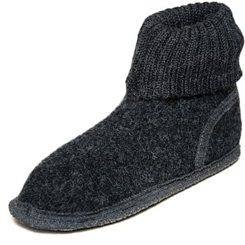 Hüttenschuh Ötz aus Mulesing-freier Schaf-Schurwolle – Handgefertigte Hausschuhe aus Wollfilz für Damen & Herren Größe EU 36-47 – Mit hohem Strickbund & rutschfester Filz-Latex-Sohle, Kohle 38