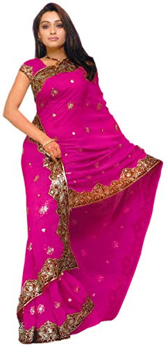 Indian Trendy Women's Bollywood Sequin Embroidered Sari Festival Saree Unstitched Blouse Piece Costume Boho Party Wear (Magenta)