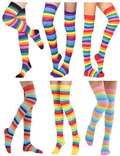 Coolwife 6 Pairs Over Knee High Socks, Rainbow Stripes, Halloween and Christmas Thigh High Stockings (A Lengthen Rainbow)