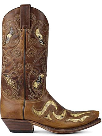 Sendra Boots 7490 Cuervo Marron Hommes Cowboy Western Biker Bottes Santiags Bout Pointu Talon Incliné Arbre Cou-de-pied Décorative Fait Main Cuir Véritable Taille 43