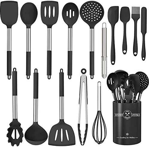 Set di 16 utensili da cucina in silicone, resistenti al calore, con manici in acciaio inox di alta qualità, per cucinare e cuocere, spatole antiaderenti