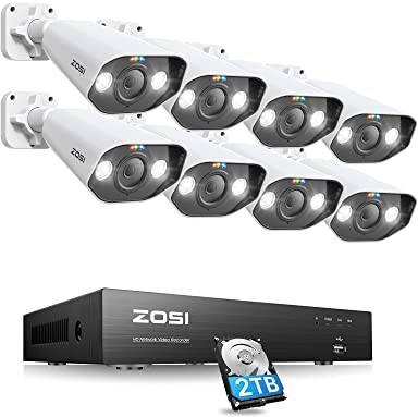 ZOSI 4K Kit de Cámara de Vigilancia PoE 8CH 8MP H.265+ Grabador NVR y 2TB Disco Duro con 8pcs Cámara de Seguridad Exterior, Visión Nocturna en Color, Alarma de Movimiento, Audio Bidireccional
