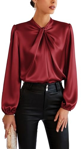 Women's Solid Loose Lantern Long Sleeve Shirt 2024 Trendy Dressy Mock Neck Blouse for Summer Fall Wine Red L