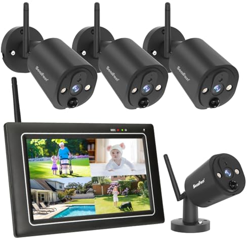 SecuFirst 2K Kit Caméra de Surveillance Extérieure sans Fil avec Moniteur,NVR Écran Tactile 7+ 4X Vidéo Camera Bebe Travailler sans WiFi,Interphone/Lecture d’Enregistrements Via Moniteur et App