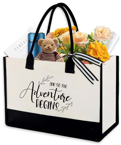 Dadoudou Wedding Gift Canvas Tote Bride Bag,Bridal Shower Gifts for Birthday Engagement Wedding Graduation Retirement Gift Beach Bag And So The Adventure Begins Large Tote Bag
