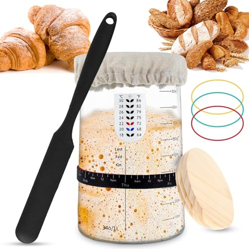 Kit de 9 bocaux de levain avec balance - capacité de 1 l - Avec couvercle en bois, spatule, bande en caoutchouc - Bocal de fermentation réutilisable en verre pour la cuisson au levain