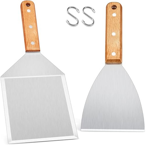 HaWare Grillspatel, 2 stycken rostfritt stål plancha spatelset med trähandtag för smash hamburgare, grillspatel grillspade för gasgrill/eldplatta/teppanyaki, perfekta grilltillbehör