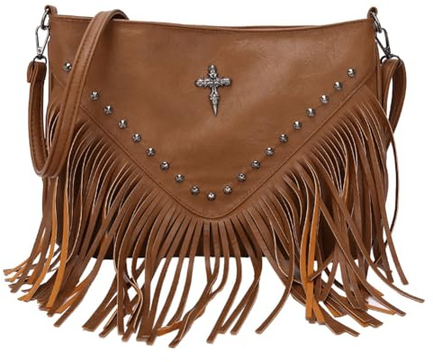 AMZLORD Sac à bandoulière en PU clouté pour femme, capacité, sac à bandoulière tendance, sangle réglable, rivet, frange, sac à pompon pour en plein air