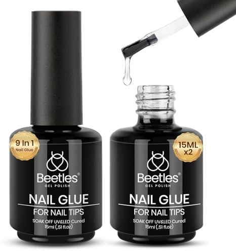 beetles Gel Polish 9 In 1 Gel Nail Glue for Clear Acrylic Nail Tips 2 Pcs 15ml Long Lasting Nail Gel Kit for False Nails Tips, Base Blooming Nail Gel, Spring Nail Art, U V Light Required