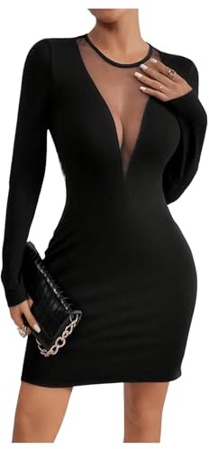 GORGLITTER Women's Mesh Sheer Deep V Neck Sexy Dress Low Cut Long Sleeve Bodycon Pencil Mini Dresses Black M