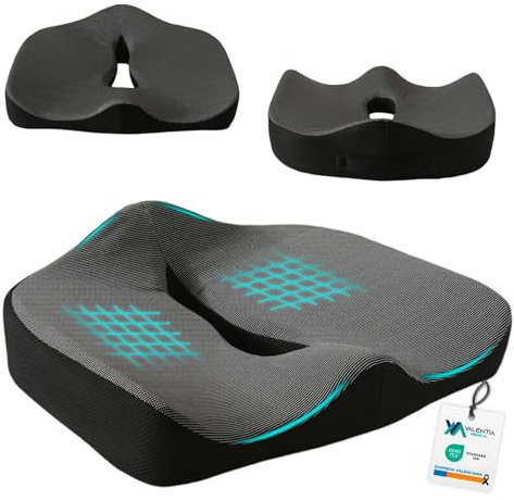 VALENTIA MEDICAL Cojín Coxis Viscoelástico 70–100 kg – Antiescaras Ergonómico para Silla Oficina + Gaming + Coche – Firmeza Alta para Dolor Lumbar y Postura – Funda Lavable + Base Antideslizante