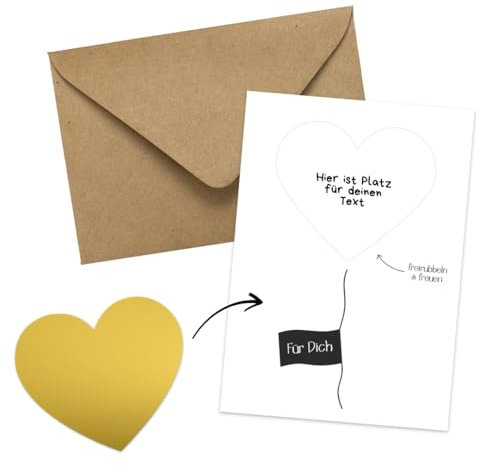 PuK Postkarten mit Rubbelsticker | DIN A6 mit Kuvert | Rubbelkarten | Für dich | Herzförmiger Rubbelsticker | Geschenk mit persönlicher Botschaft, Freunde, Liebe, Familie (Herzluftballon)